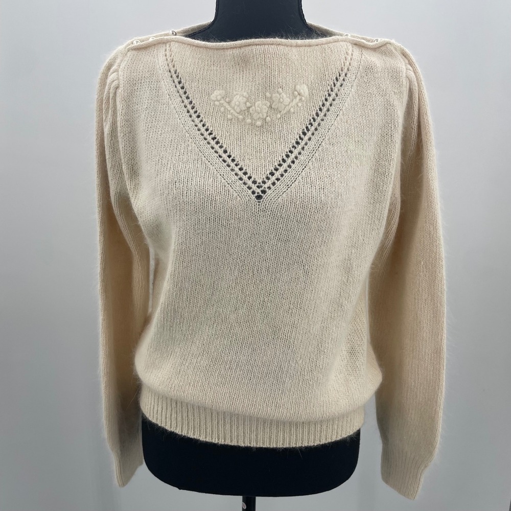 Vintage It's Pure Gould Silk Angora‎ Lambswool Sweater Cream Floral Pearl Large
